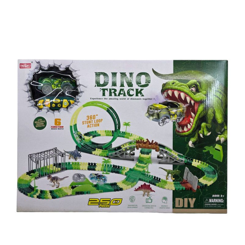 اسباب بازی ناب سل مدل 250 تکه کنترلی ترن هوایی چراغدار موزیکال طرح دایناسور کد 250pcs of dinosaur themed musical roller coaster with lights
