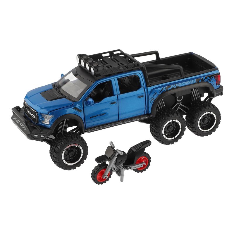 ماشین بازی غیرکنترلی آفرود عقب‌کش مدل ford raptor f150 با بدنه فلزی و پلاستیکی طراحی دقیق چراغ و افکت صوتی حرکت جلو و عقب مقیاس 1:24 مناسب کلکسیون و سرگرمی
