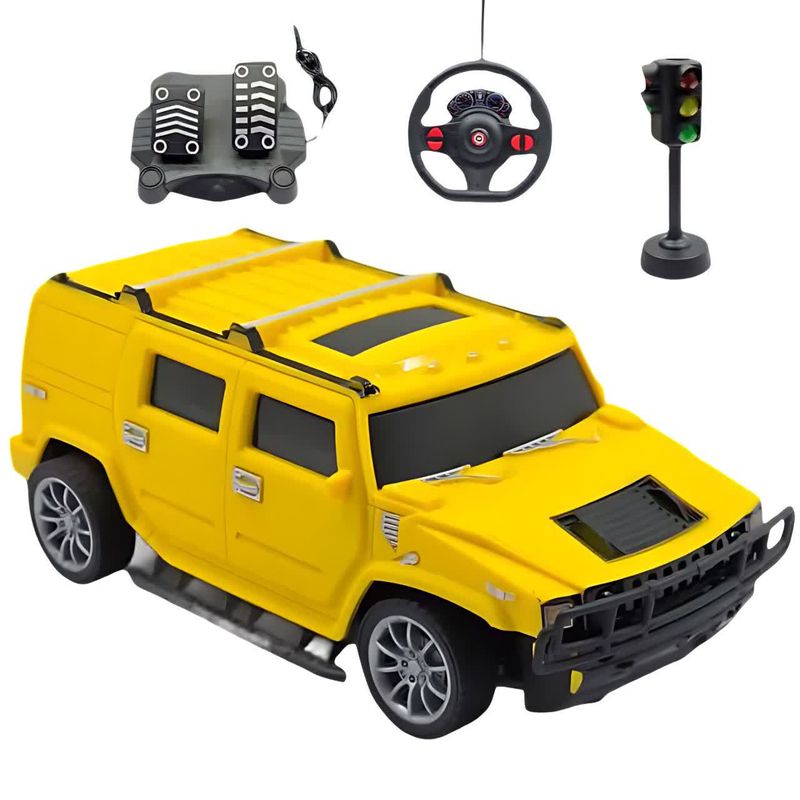 ماشین بازی کنترلی ناب سل مدل هامر شارژی پدال دار فرمانی چراغ دار همراه با چراغ راهنمایی rechargeable hammer yl with pedals illuminated steering wheel and traffic lights