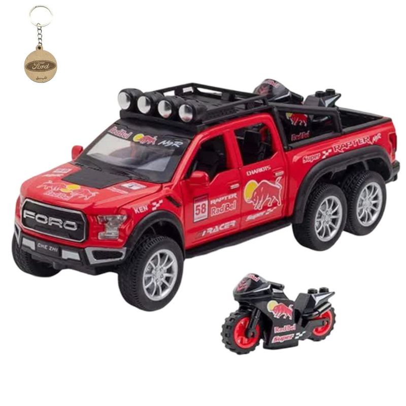 ماکت ماشین ناب سل مدل وانت فورد رپتور شش چرخ فلزی چراغدار موزیکال با موتور ford raptor به همراه جاسوییچی