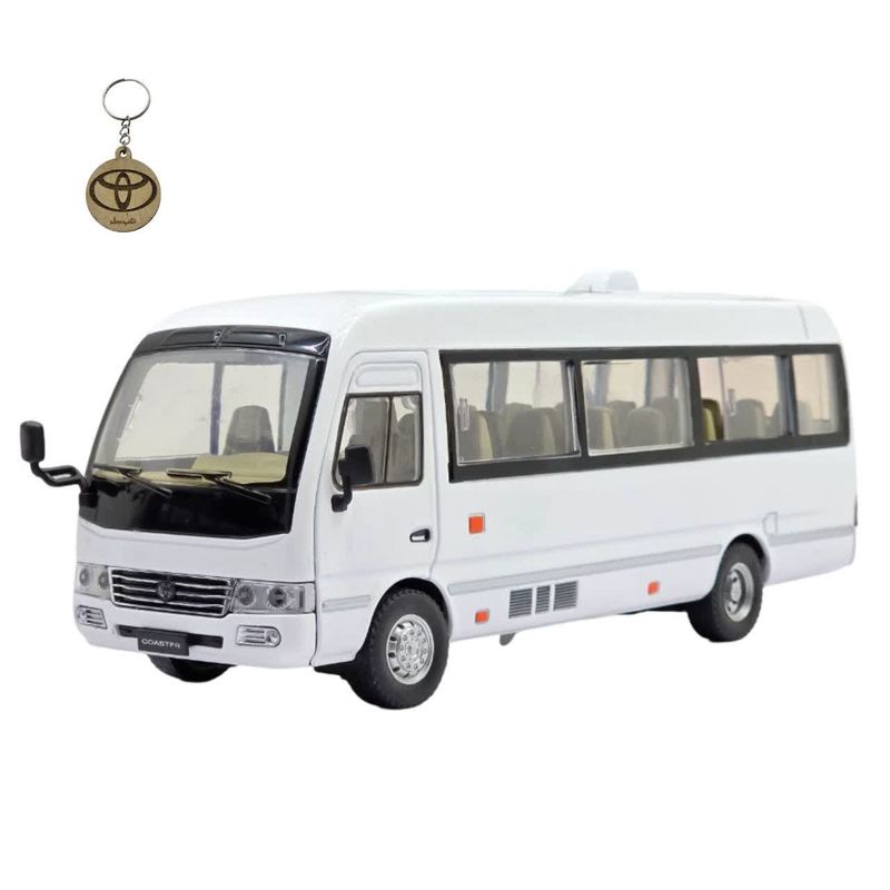 ماکت ماشین ناب سل مدل مینی بوس تویوتا کاستر فلزی سانروف چراغدار موزیکال عقب کش toyota coaster bus به همراه جاسوییچی